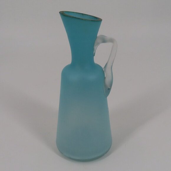 Antique Blue Satin Glass Gold Flower Floral Cruet Dressing Pitcher 6.9in Country - Picture 8 of 13